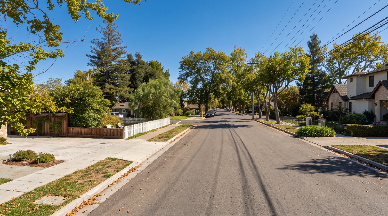 AI-rendered view of Newport Avenue in Willow Glen, San Jose, under hard midday sun, a residential street of two-story homes and utility lines