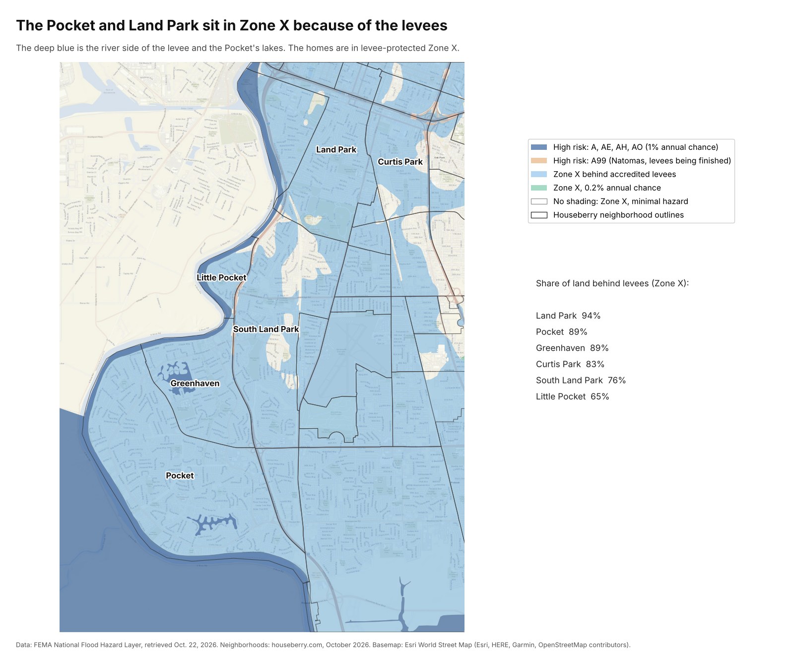Close-up flood zone map of the Pocket, Greenhaven, Land Park and South Land Park in Sacramento showing levee-protected Zone X