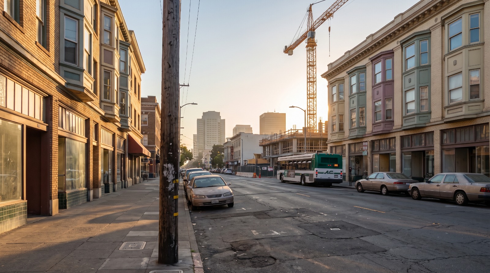 Telegraph Avenue in Uptown Oakland in late afternoon light, with 1920s brick storefronts and a construction crane above a mid-block site where affordable senior housing is rising.