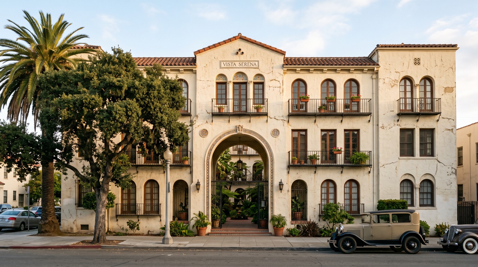 A 1920s stucco courtyard apartment building in Adams Point, Oakland, the kind of pre-1983 building covered by the city rent program.