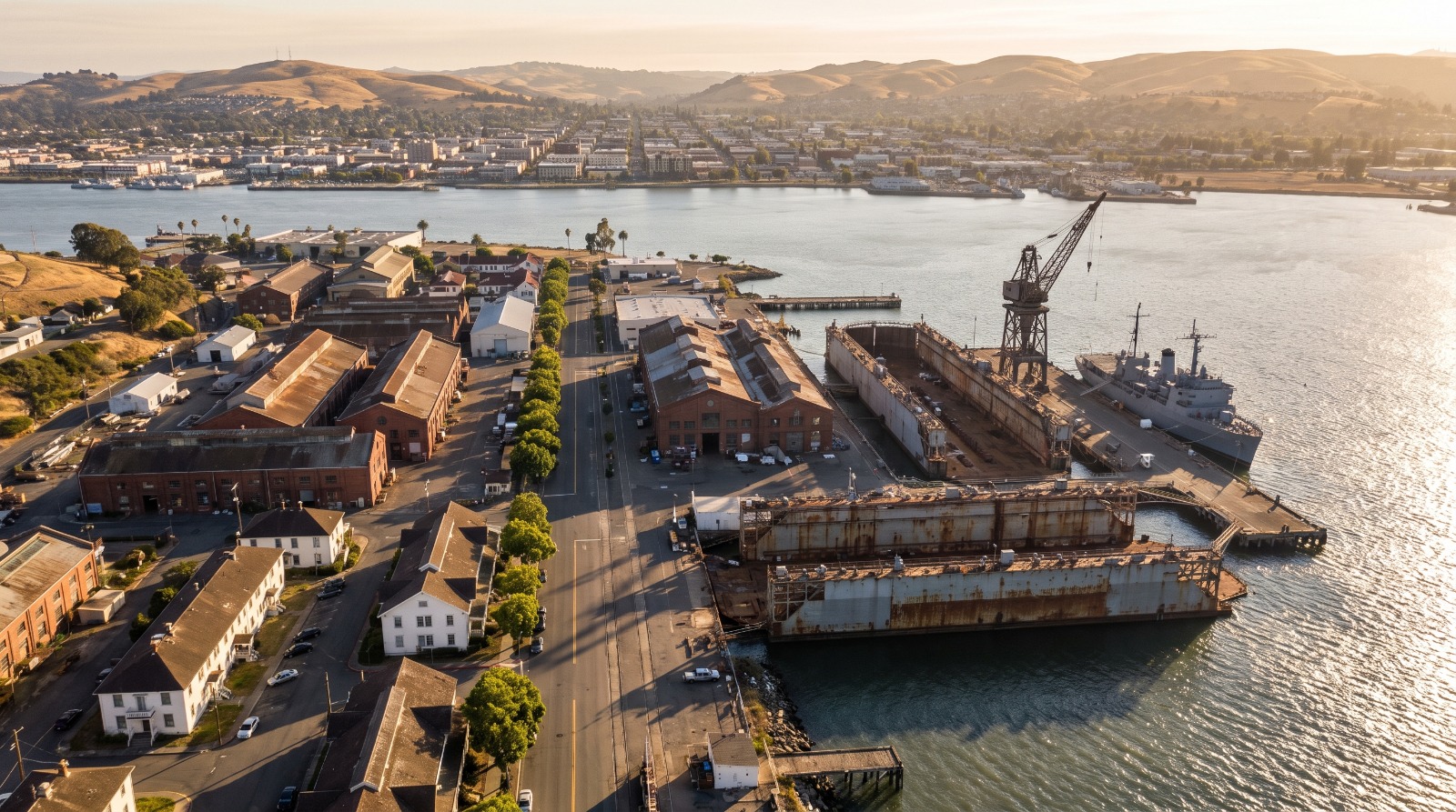 The former Mare Island Naval Shipyard on the Vallejo waterfront at golden hour, with dry docks and brick workshops across the strait from downtown Vallejo.