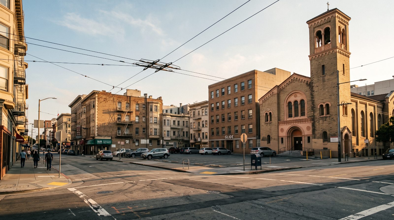 Glide Memorial Church at Ellis and Taylor in the Tenderloin, beside the 334 Ellis Street parking lot where GLIDE plans a new building.