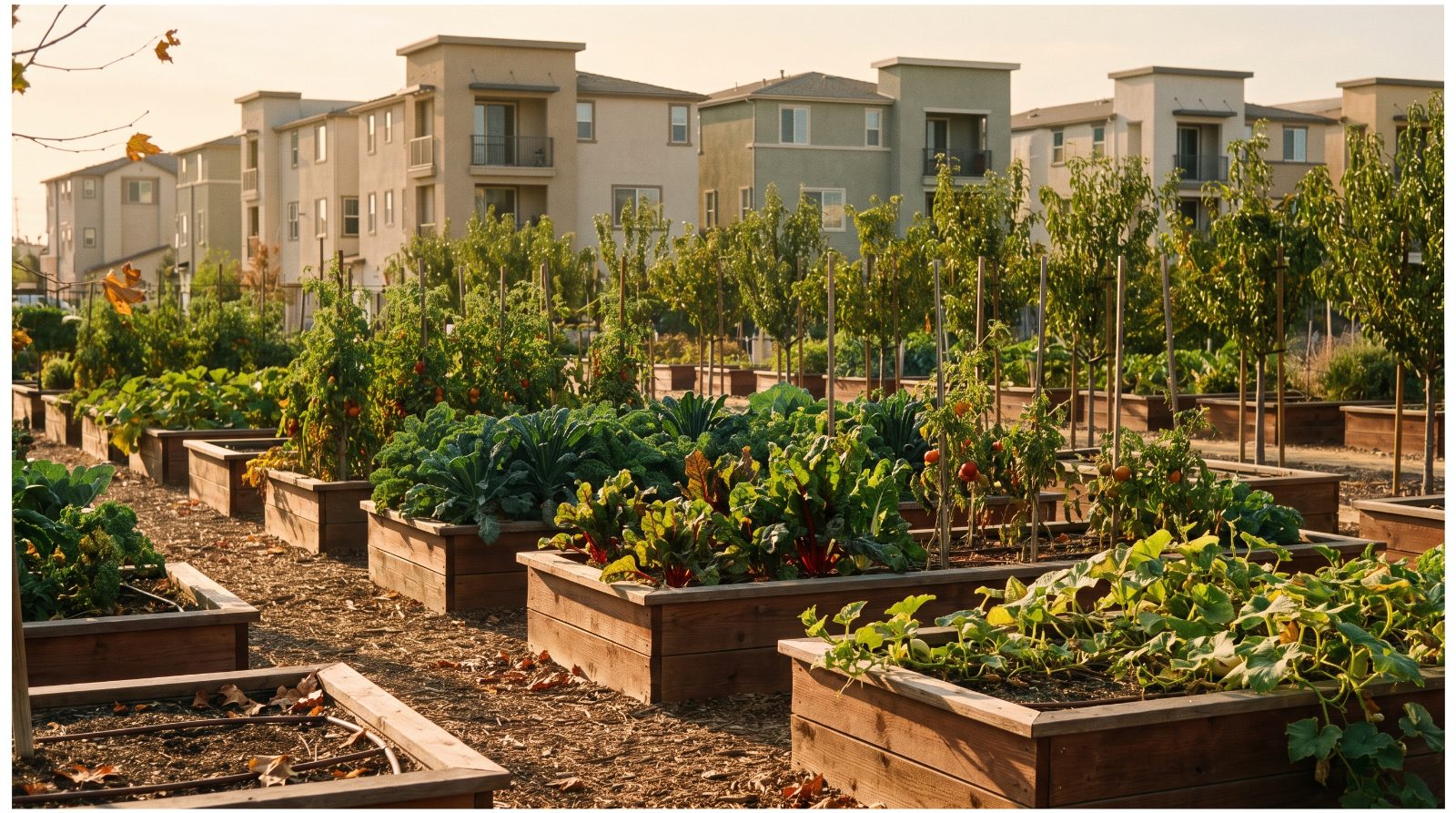 Raised vegetable beds and young fruit trees at the Santa Clara Agrihood farm with low-rise homes behind