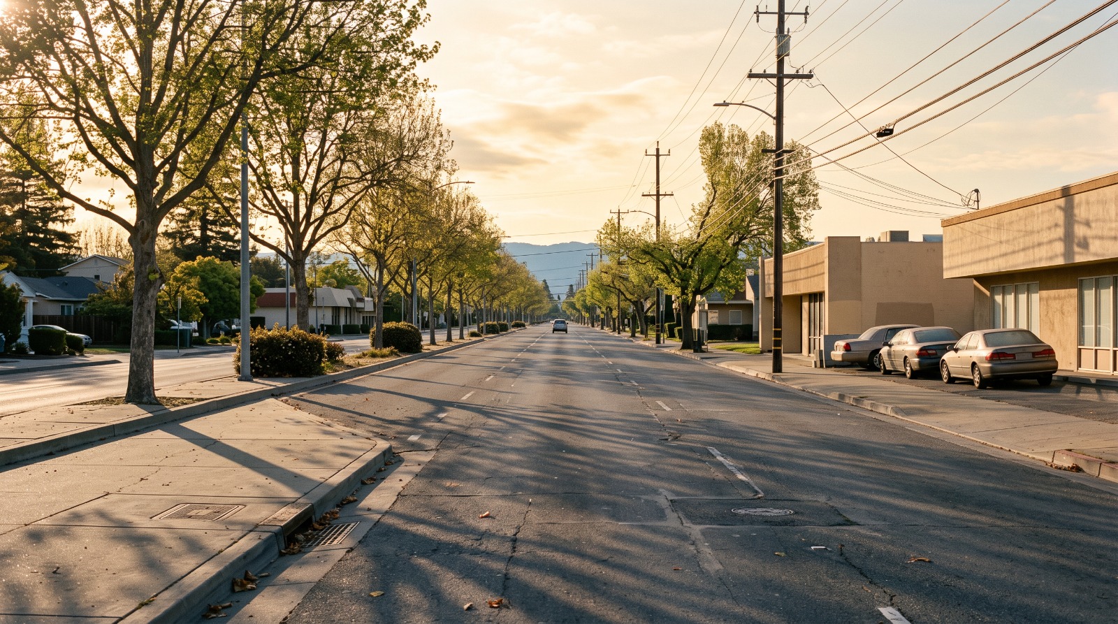 A wide suburban arterial in Santa Clara, California at sunrise, near the Homestead Road corridor where Randy's Donuts opened its first Bay Area shop.