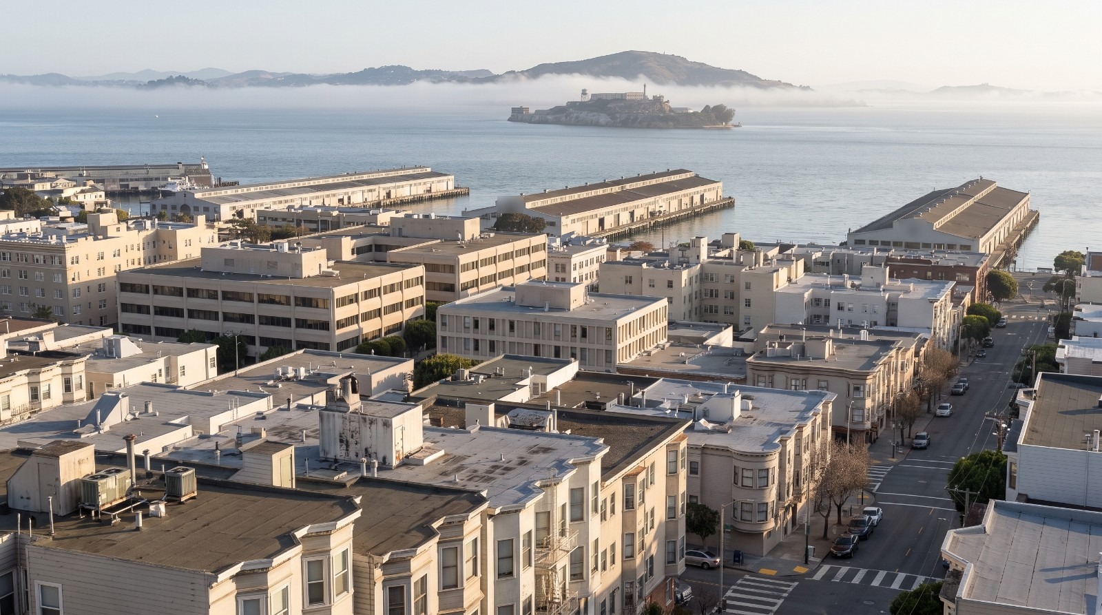 Low-rise office blocks of San Francisco's North Waterfront below Russian Hill, where the 2300 Stockton office-to-housing conversion is planned.