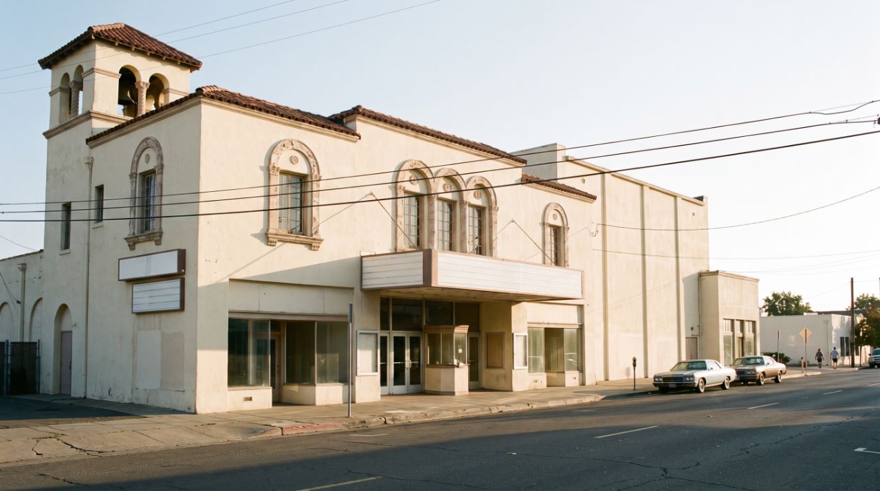 The El Campanil Theatre's 1928 Spanish Colonial Revival facade and bell tower on West Second Street in downtown Antioch, California