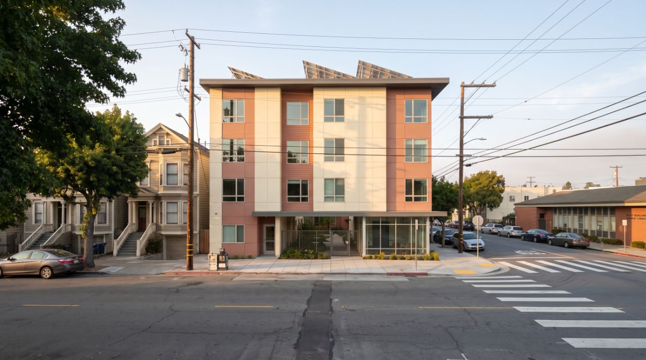 Four-story affordable senior housing building on Adeline Street in West Oakland in late afternoon light