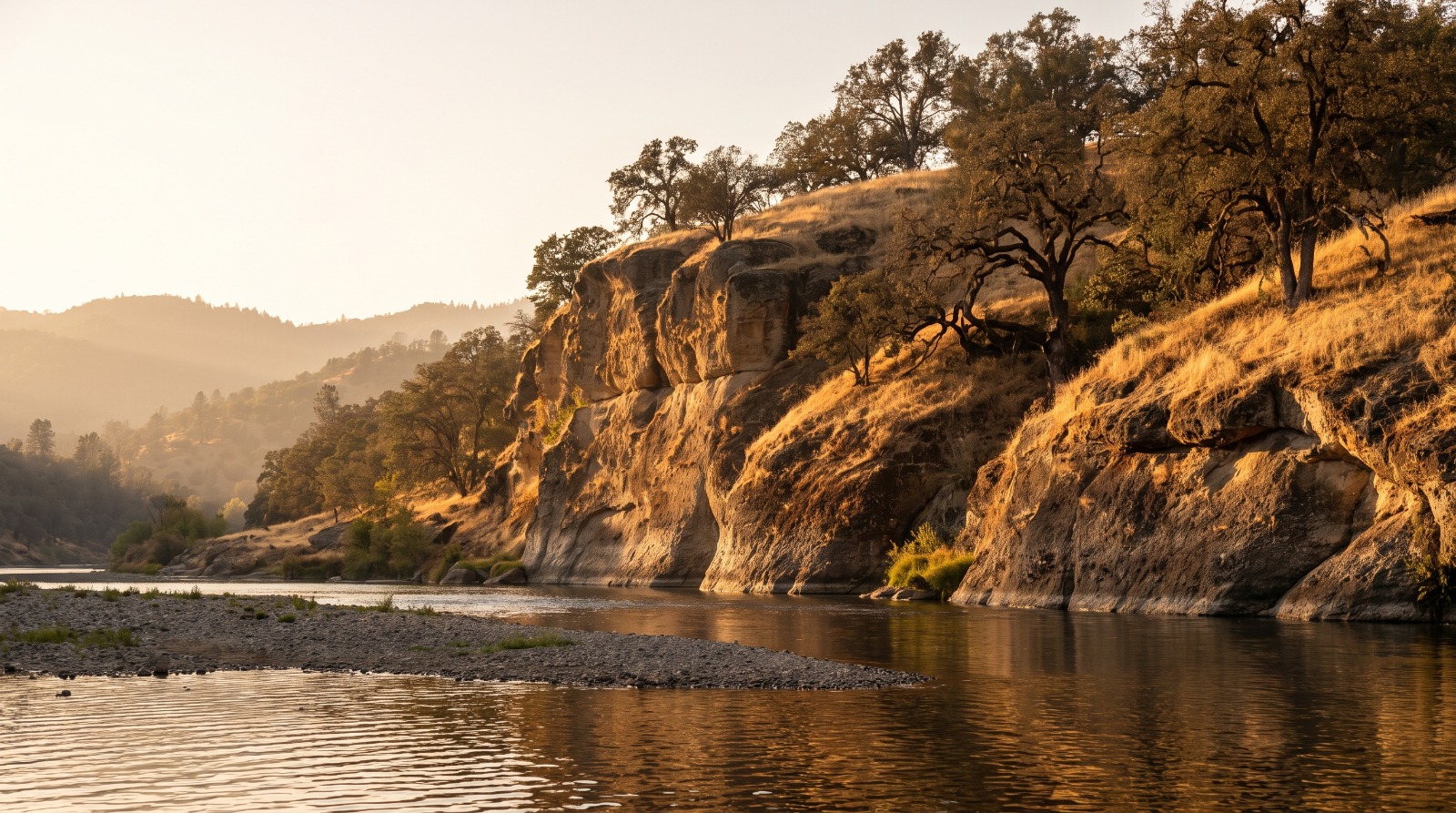 Oak-covered bluffs above the American River in Fair Oaks, California, the setting of the Gavin Newsom estate now for sale