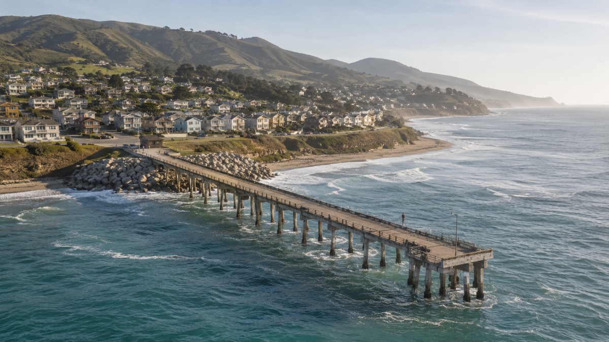 An elevated view of the aging Pacifica Pier meeting the shoreline, with stabilization boulders at its base and the coastal town rising on the bluff behind it.