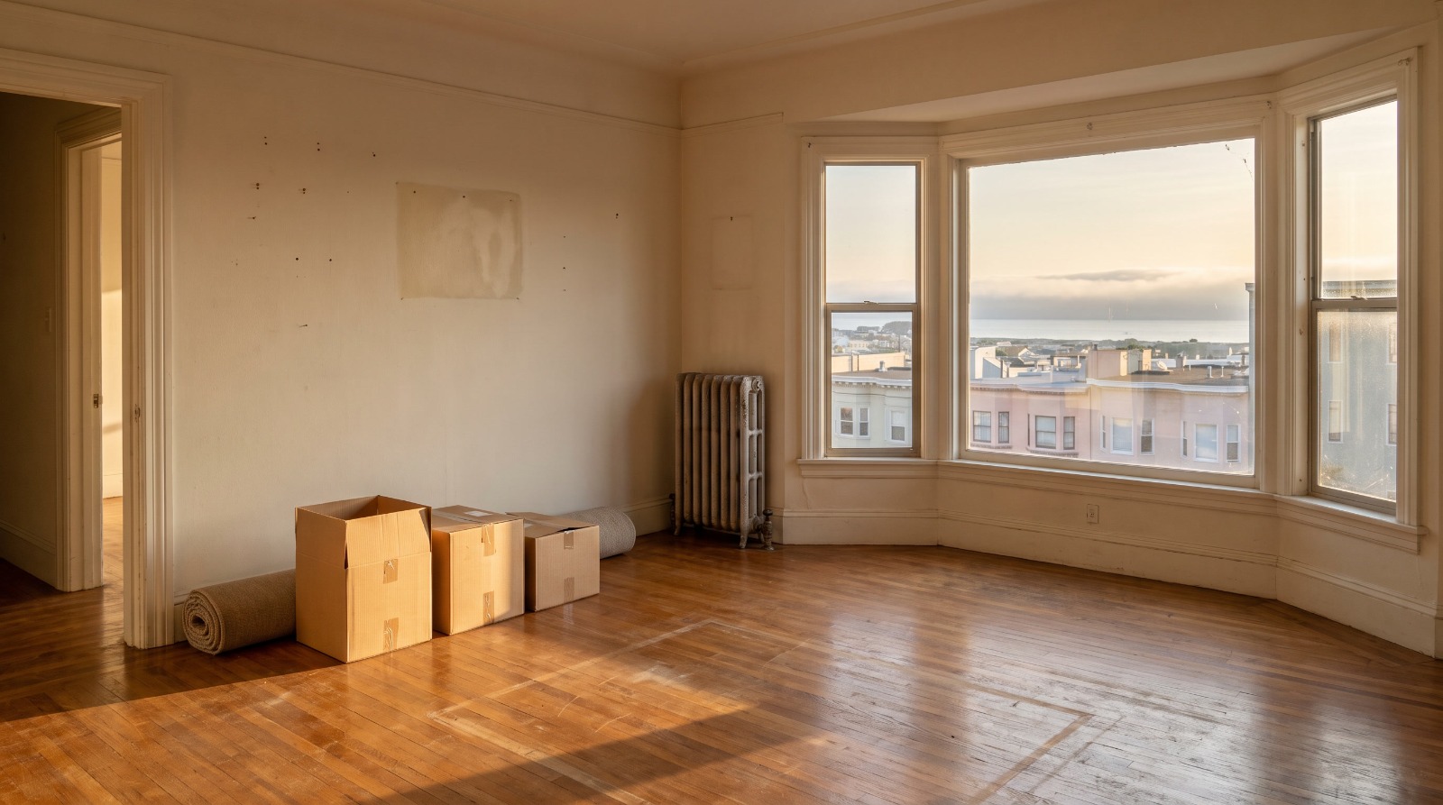 An empty rent-controlled flat in San Francisco's Outer Sunset after a tenant buyout, with moving boxes by the door.