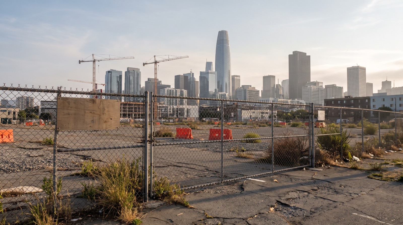 A fenced, empty development lot in San Francisco's South of Market district with the downtown skyline behind it, illustrating the stalled San Francisco housing pipeline.