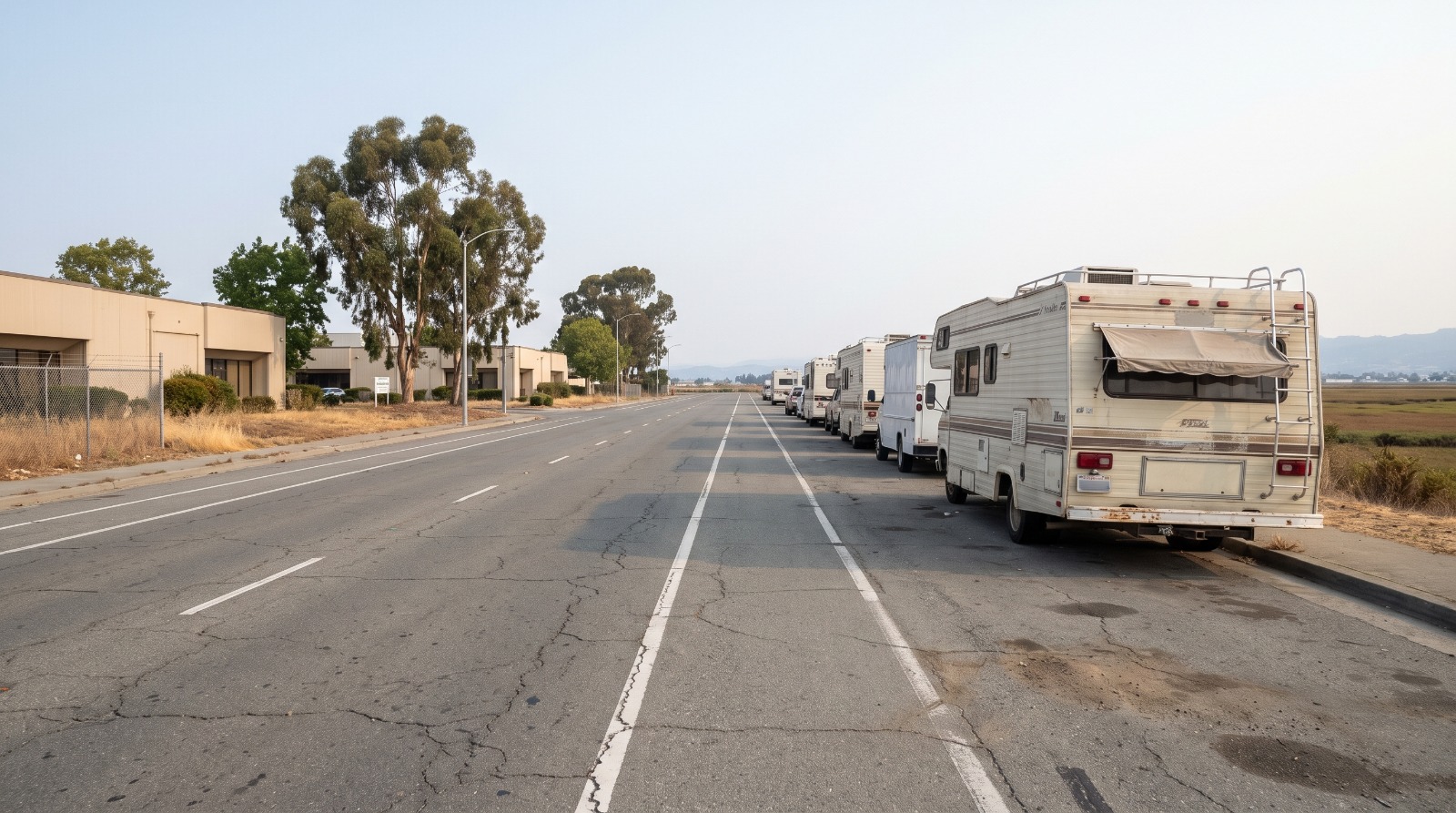 Older RVs parked nose to tail along the curb of Embarcadero Road in Palo Alto, one of two streets covered by the city's new RV parking permits.