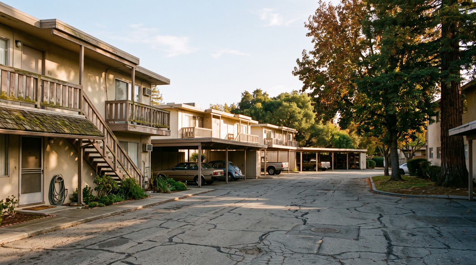 Two-story 1960s garden apartment buildings on a Mountain View cul-de-sac off Escuela Avenue, the kind of rent-controlled housing the Gamel Way condo project would replace.