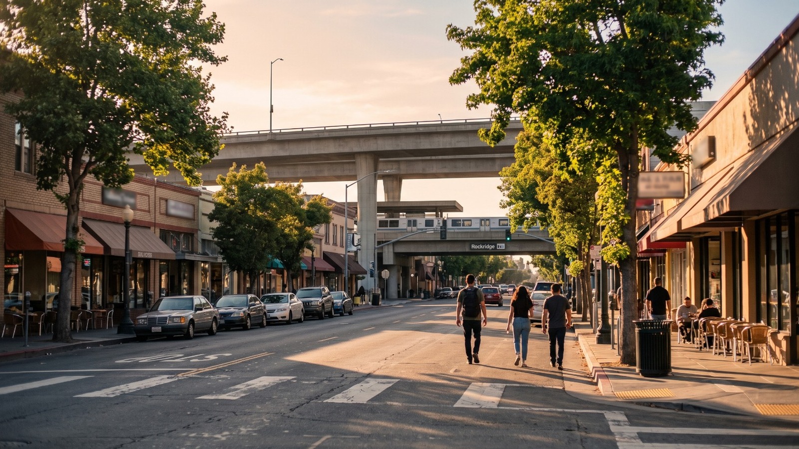 College Avenue in Oakland's Rockridge neighborhood beside the elevated BART station, near the site of the proposed 372-unit senior housing towers.