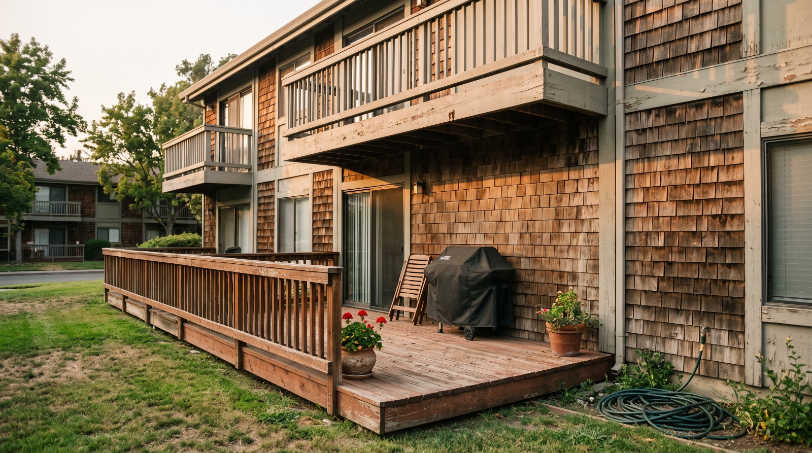 A covered propane barbecue on a ground-floor wooden deck against the siding of a 1980s California condominium building.