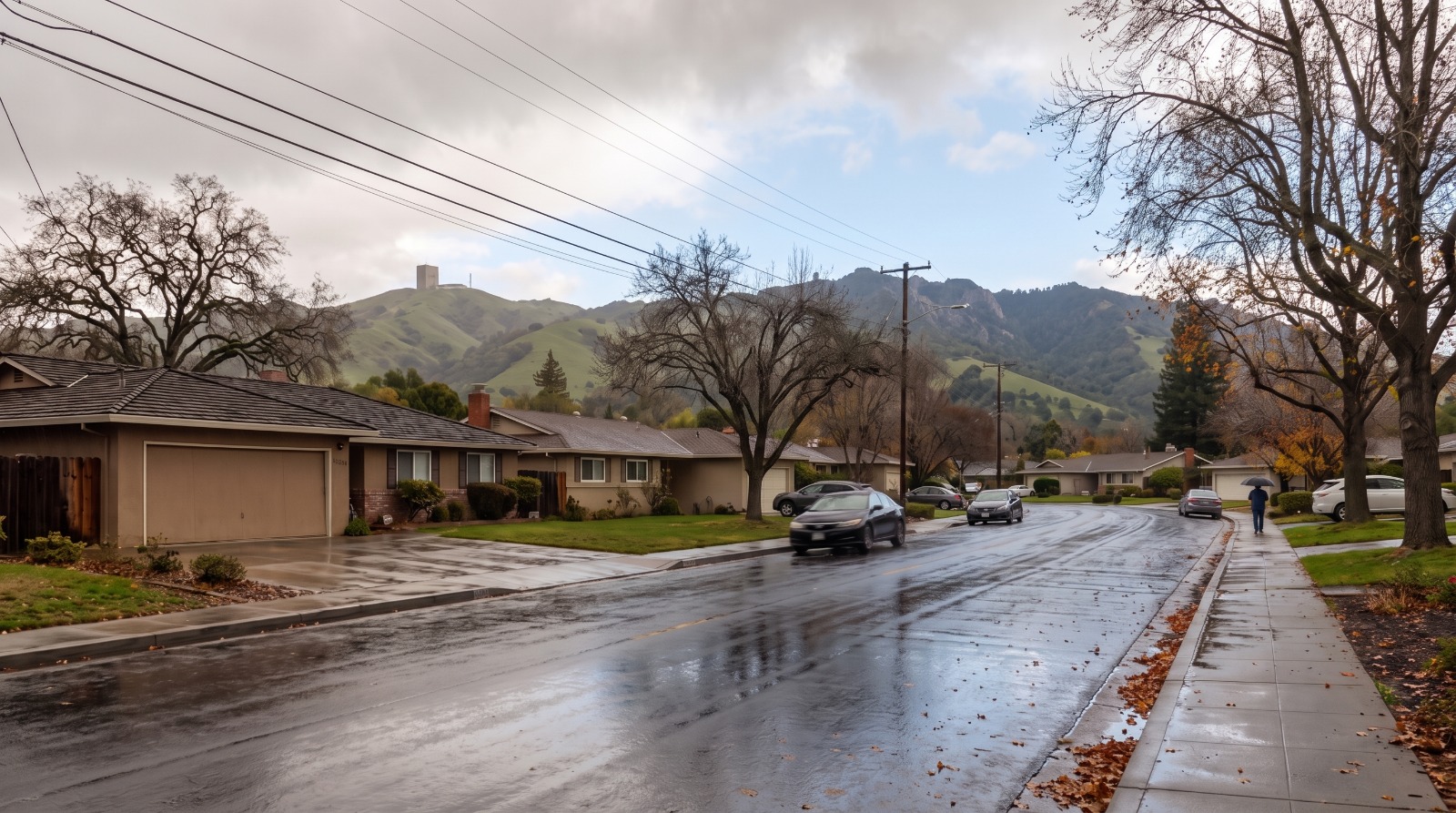 AI-rendered rain-wet residential street in south San Jose's Almaden area, ranch houses with the Mount Umunhum radar tower on the ridge behind