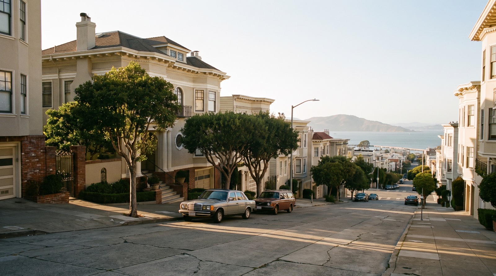 A hillside block of grand Pacific Heights homes above the San Francisco bay, one of the Bay Area neighborhoods set to absorb IPO wealth.