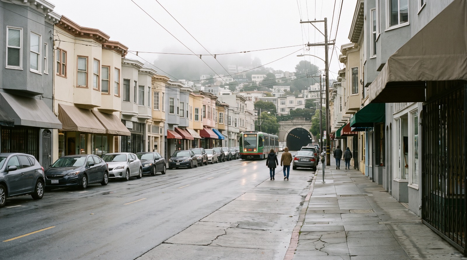West Portal Avenue in San Francisco, the low-rise commercial street where a 12-story, 172-apartment West Portal housing project is proposed on the former Empire Theater site.
