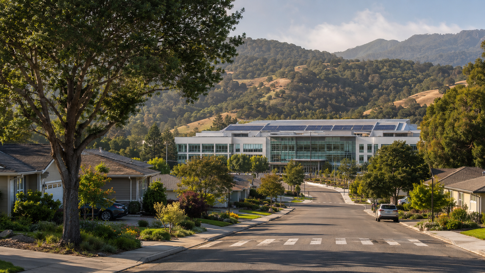 A quiet Los Gatos residential street of ranch homes looking toward a modern all-electric hospital building at the edge of the foothills.