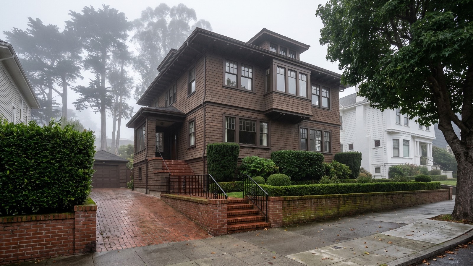 AI-rendered photo of the 1914 shingle house at 2 Sixth Avenue on the Presidio edge of San Francisco's Lake Street neighborhood, in marine-layer fog