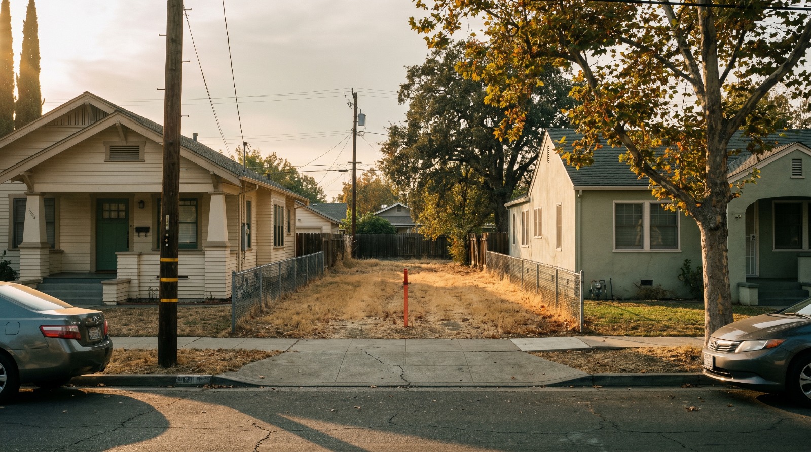 AI-rendered vacant infill lot between a craftsman bungalow and a stucco cottage on an Oak Park block in Sacramento