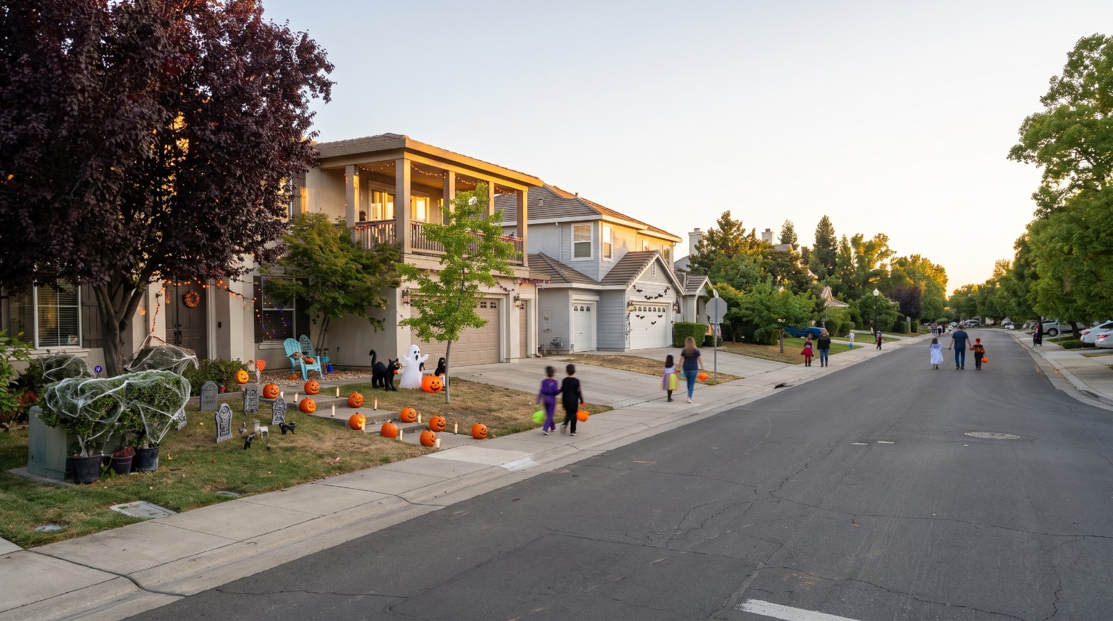 AI-rendered view of Rockmont Circle in North Natomas, Sacramento, at golden hour on Halloween with decorated two-story homes and small trick-or-treaters walking the closed street