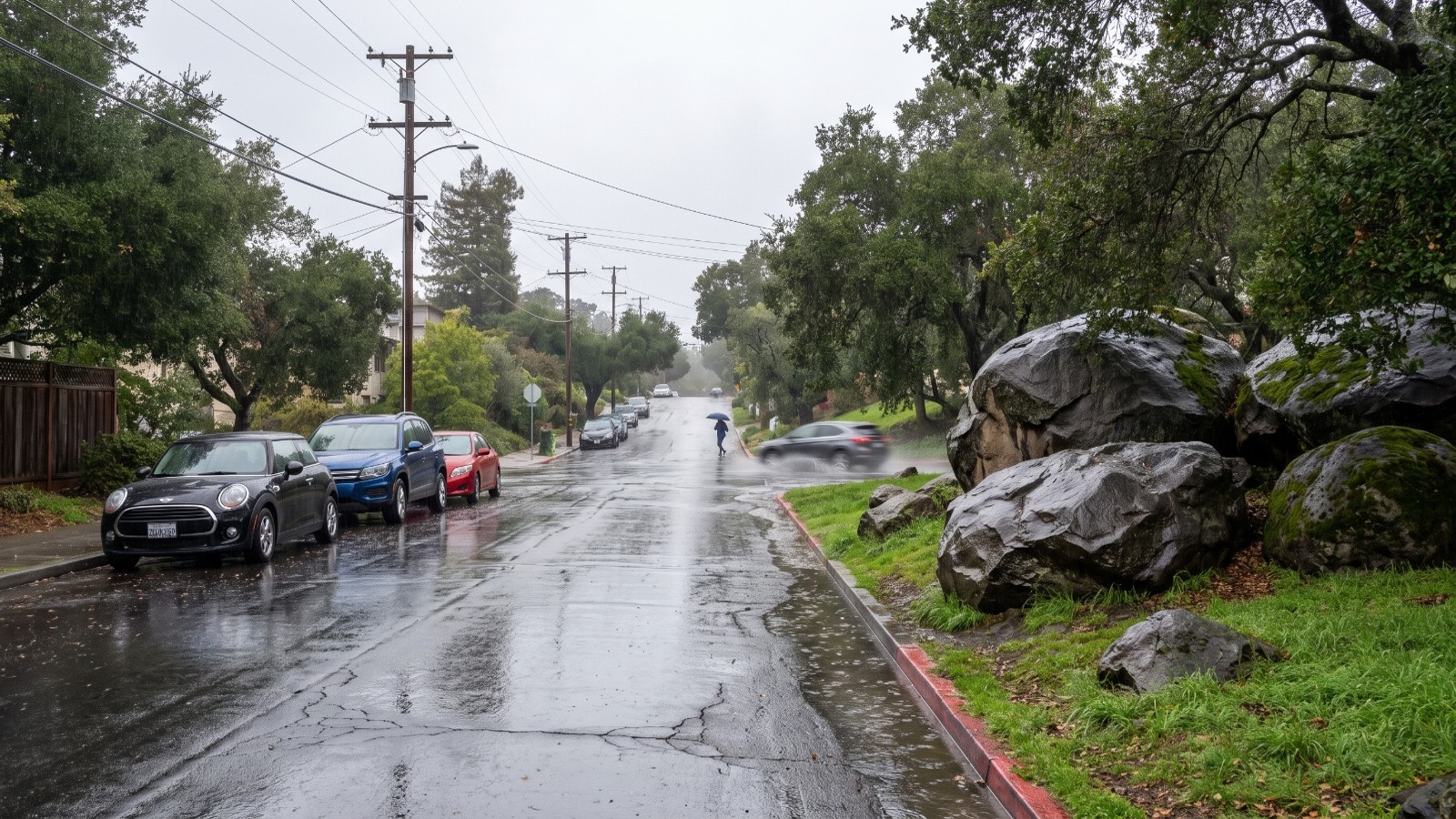 AI-rendered view of Indian Rock Avenue in Berkeley's Thousand Oaks neighborhood after rain, wet street and boulder park