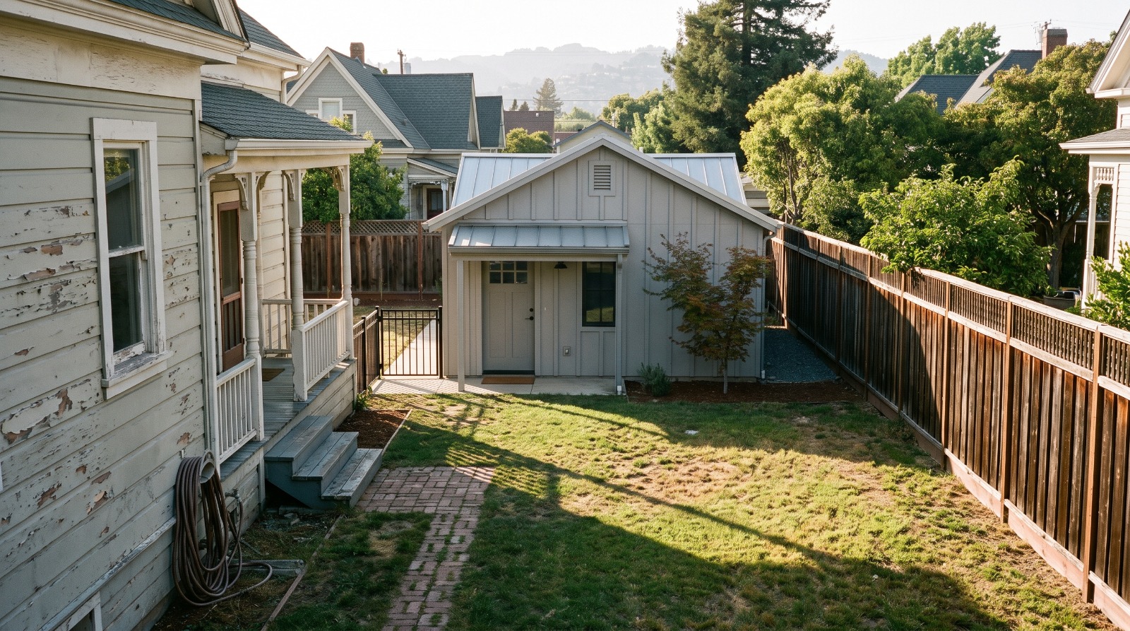 A detached backyard ADU behind a Victorian on a deep East End lot, the kind of unit Alameda's ADU condo rules would let owners sell separately.