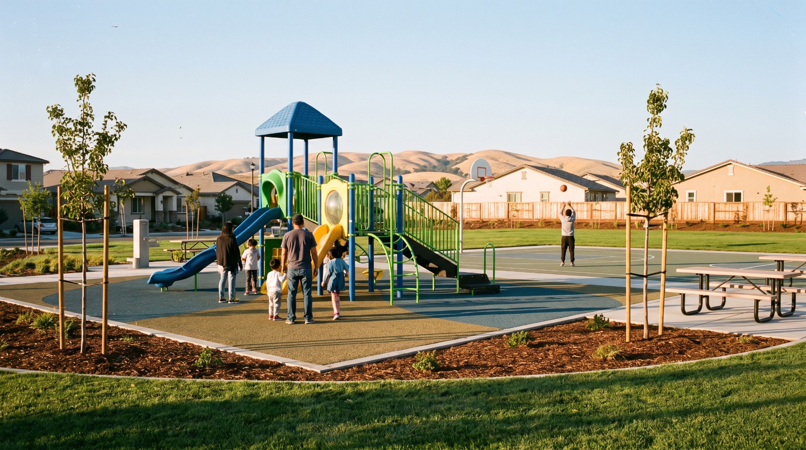 A new neighborhood playground and green space on the San Francisco Peninsula, the kind of new park that lifts a neighborhood's amenity score.