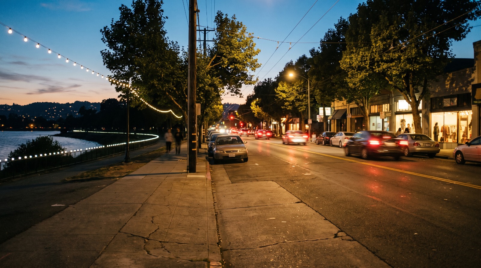 Grand Avenue in Oakland at dusk beside Lake Merritt, one of the high-amenity neighborhoods a robotaxi service would reach first.