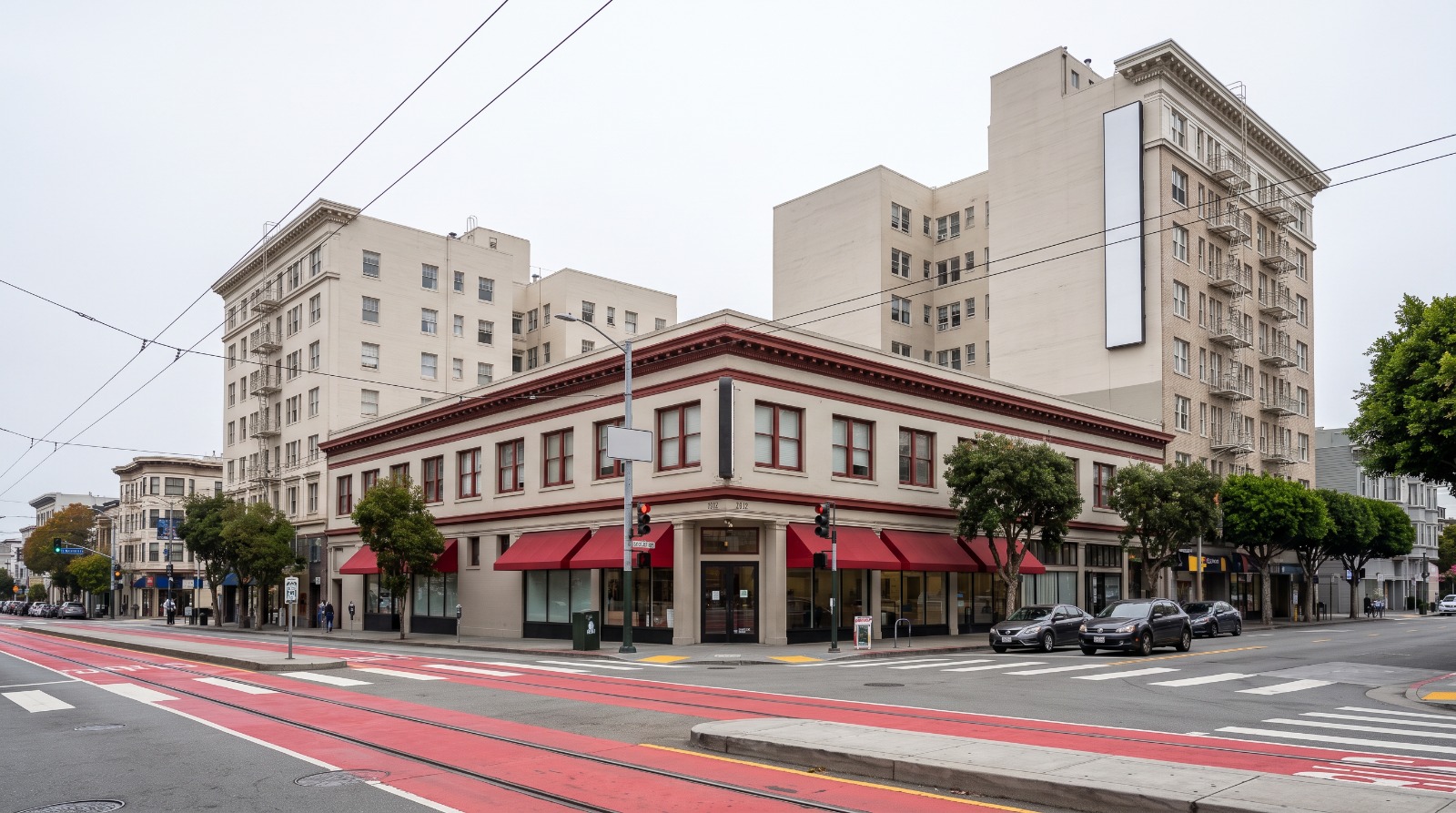 AI-rendered photograph of 1301 Van Ness Avenue at Sutter Street in San Francisco as it looks today, seen across the red bus lanes