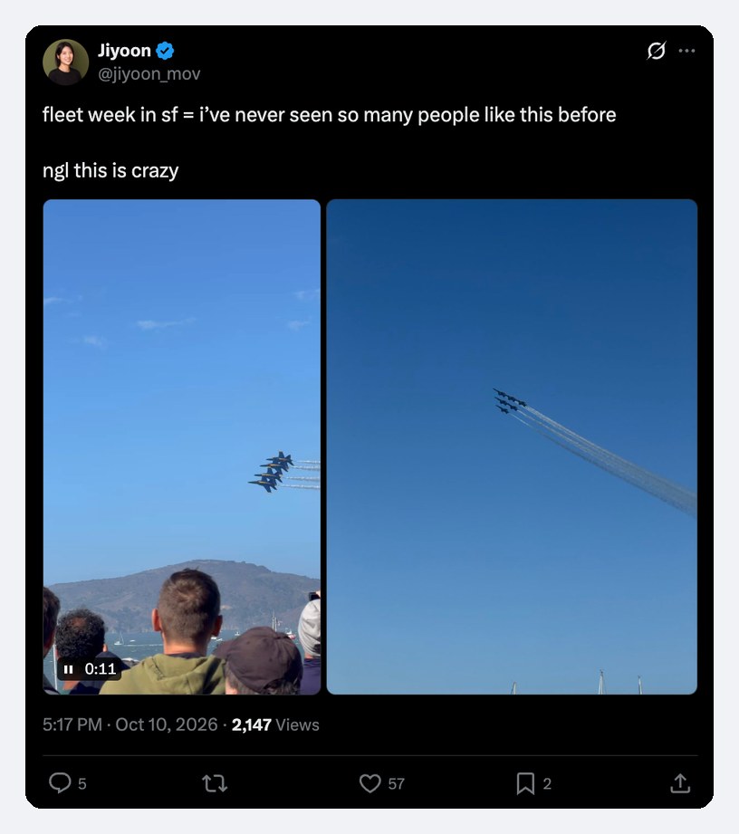 Screenshot of an X post by Jiyoon showing the Blue Angels in formation over a crowd on the San Francisco waterfront during Fleet Week