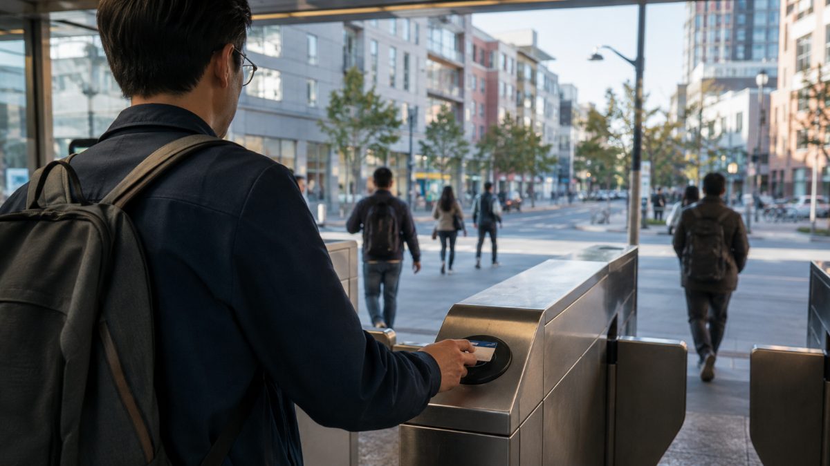 A morning commuter taps a fare card at a Bay Area transit station faregate, illustrating the $590 million Bay Area transit loan keeping BART, Caltrain and Muni running.