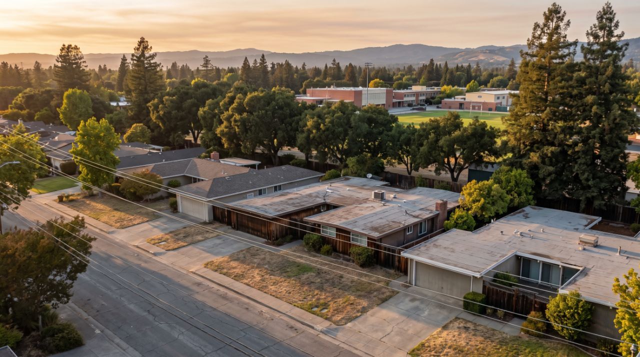 Elevated golden-hour view over single-story Palo Alto homes toward the Palo Alto High School campus and its playing fields.