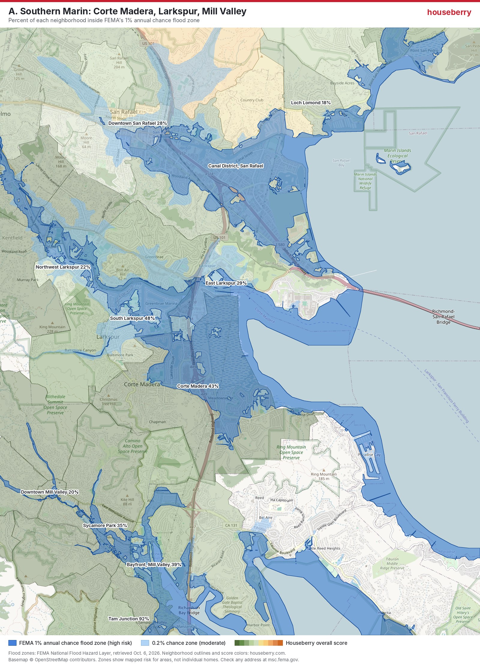 Flood zone map of Corte Madera, Larkspur, Mill Valley and the San Rafael Canal District with FEMA zones in blue