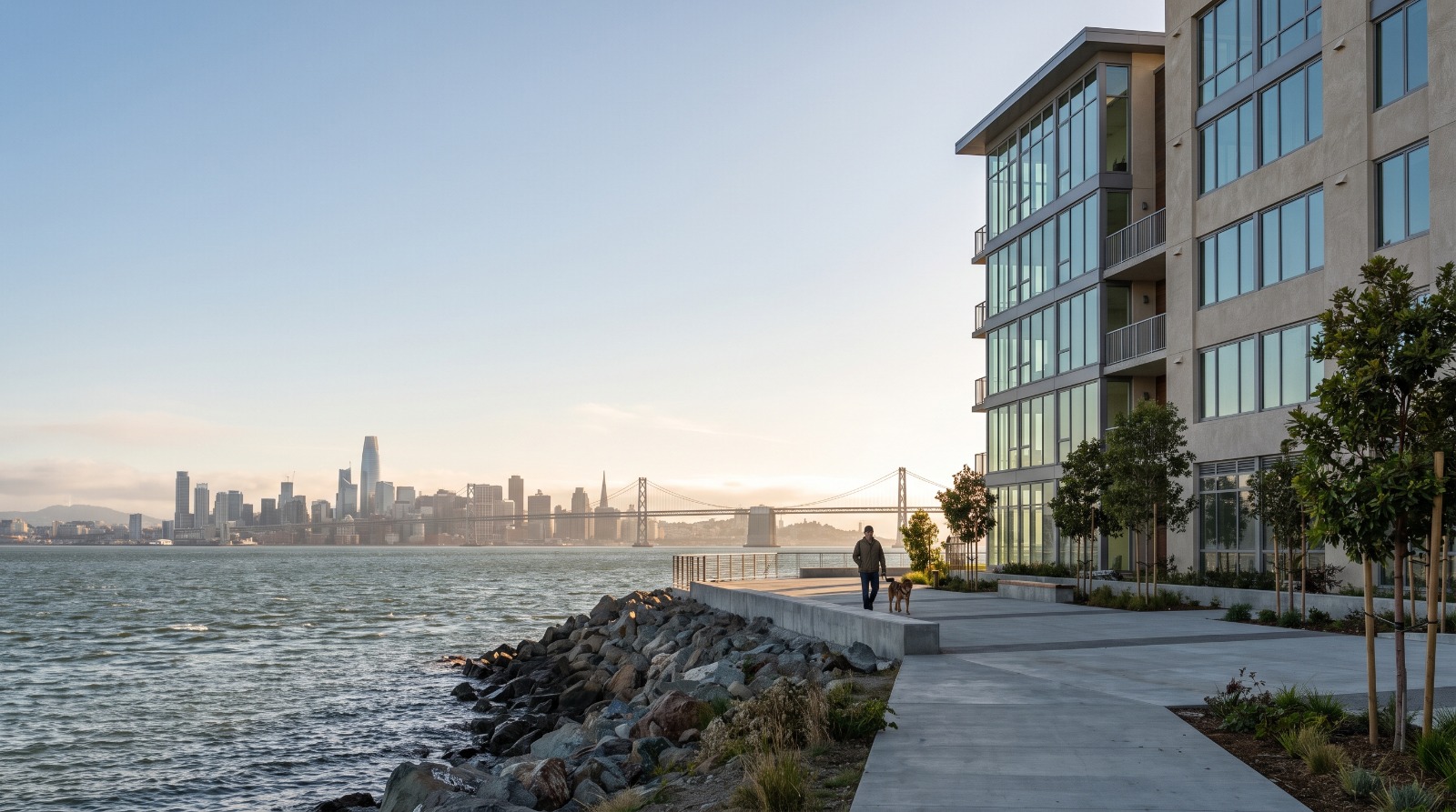 The San Francisco skyline across the bay from Treasure Island, where the first condos just opened as rentals.