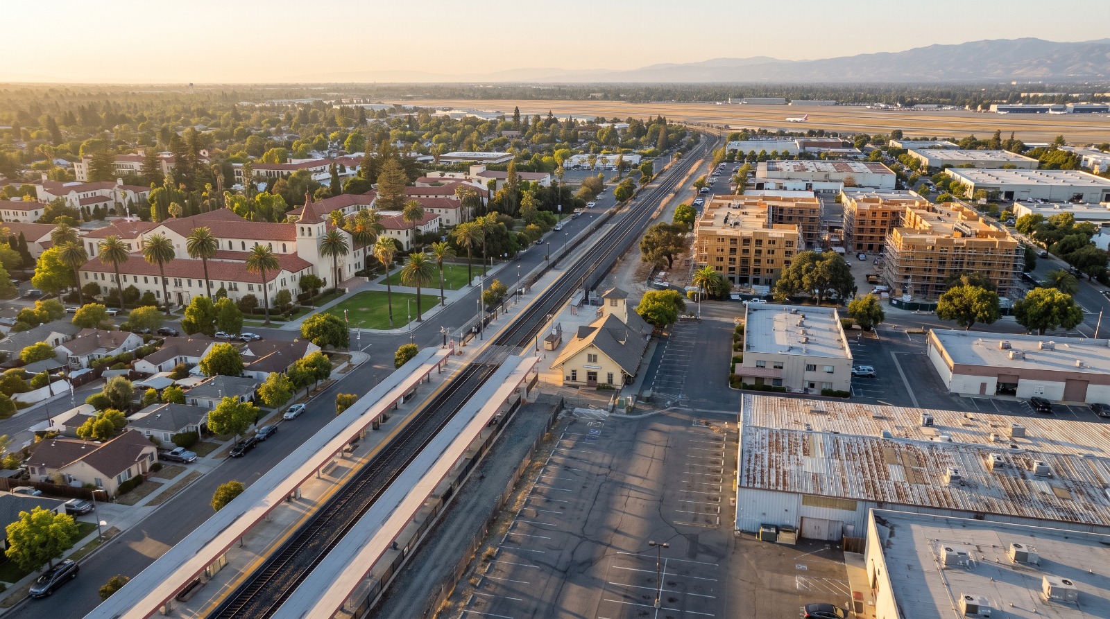 Aerial view of the Santa Clara Caltrain station area at golden hour, where the Station Area Specific Plan studies up to 8,300 homes