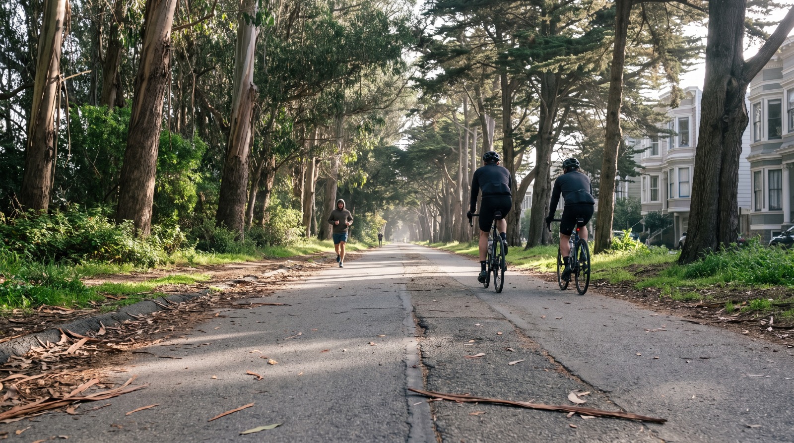 Cyclists on the eucalyptus-shaded Panhandle path in San Francisco, one of the corridors where SFMTA counts bike traffic.