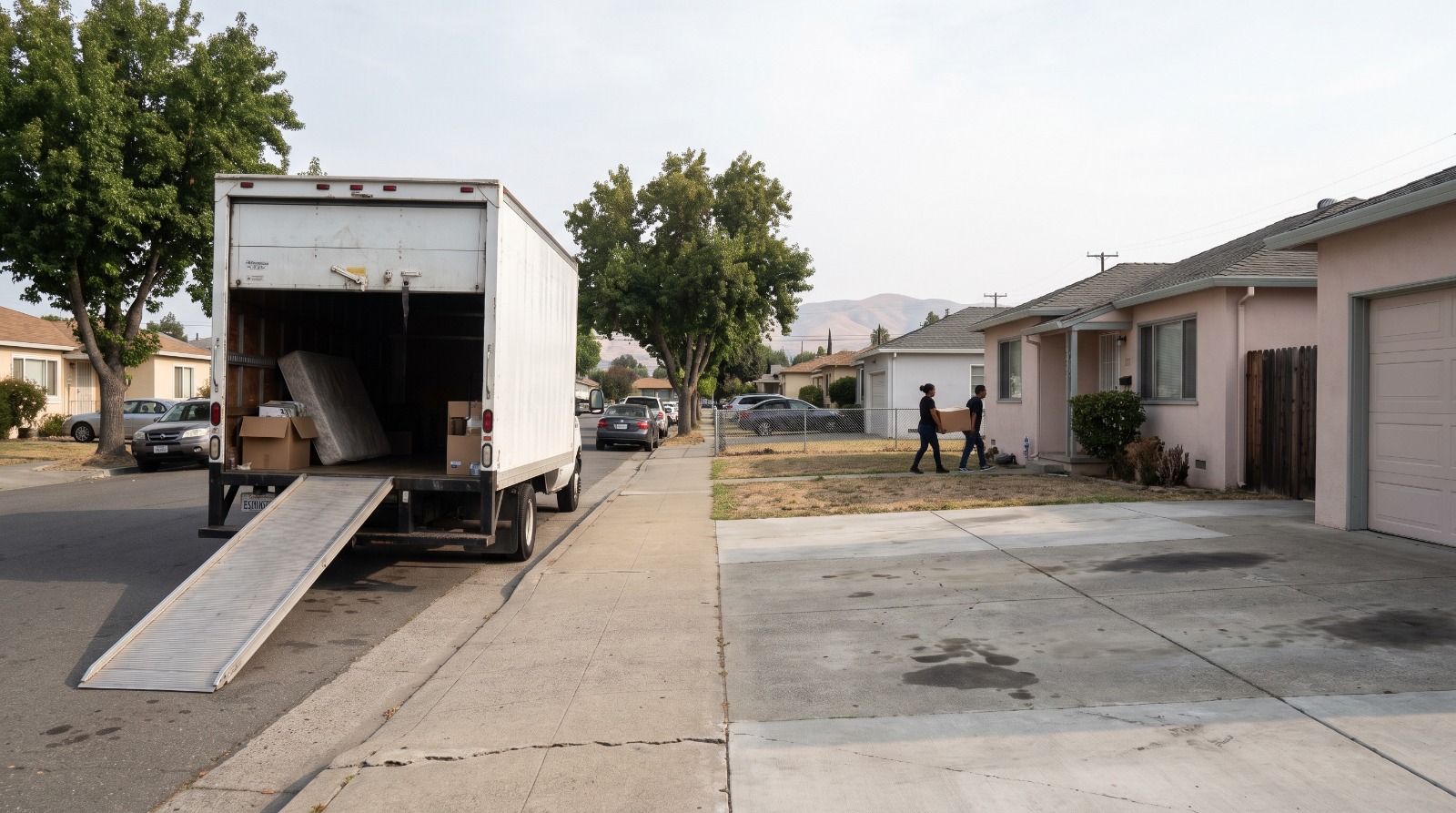 A rented moving truck parked outside postwar bungalows on a San Leandro street, one of the more affordable places young Bay Area movers land.