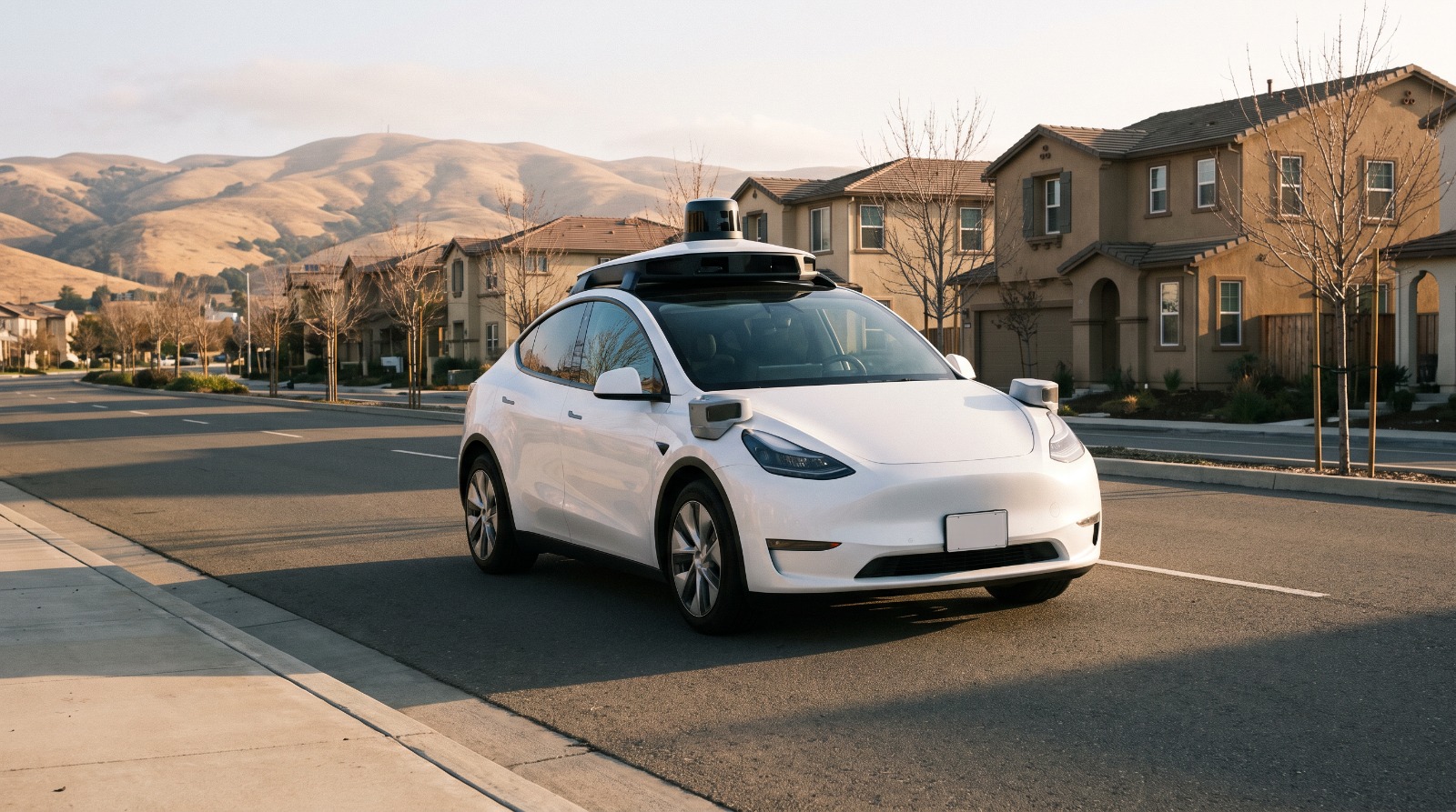 Driverless robotaxi with rooftop sensors on a suburban street in the far East Bay, part of Waymo's newly approved Bay Area territory
