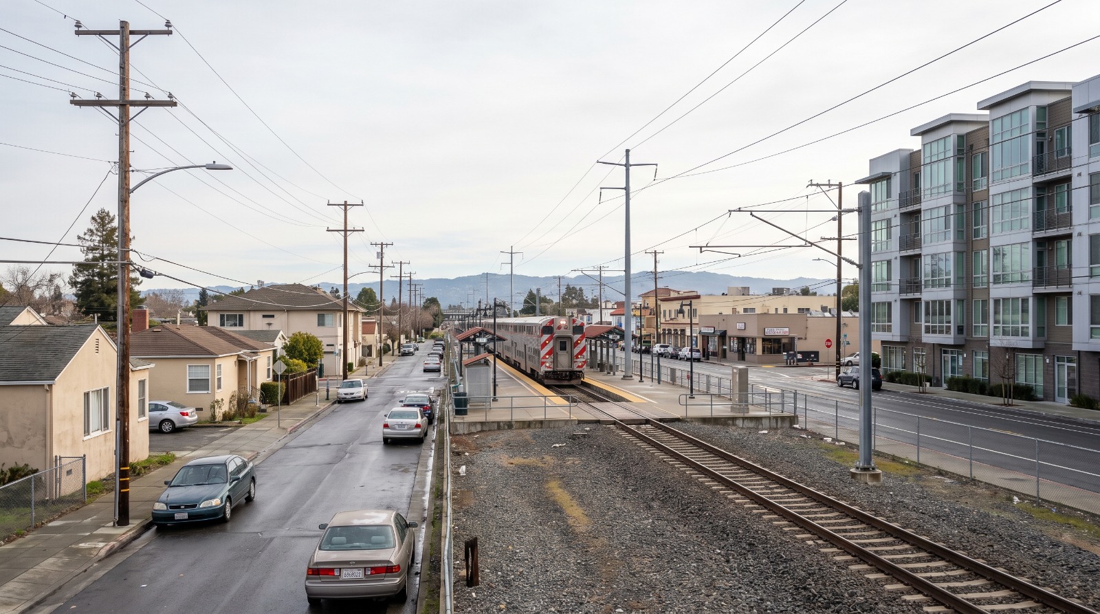 A Bay Area transit corridor where older homes meet a new apartment building, the kind of block reshaped by 2026 zoning changes.