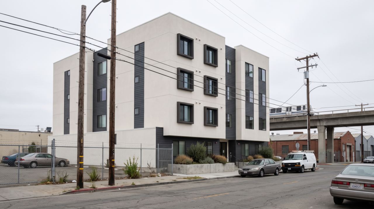 Six-story affordable apartment building near the Coliseum BART station in East Oakland on an overcast morning