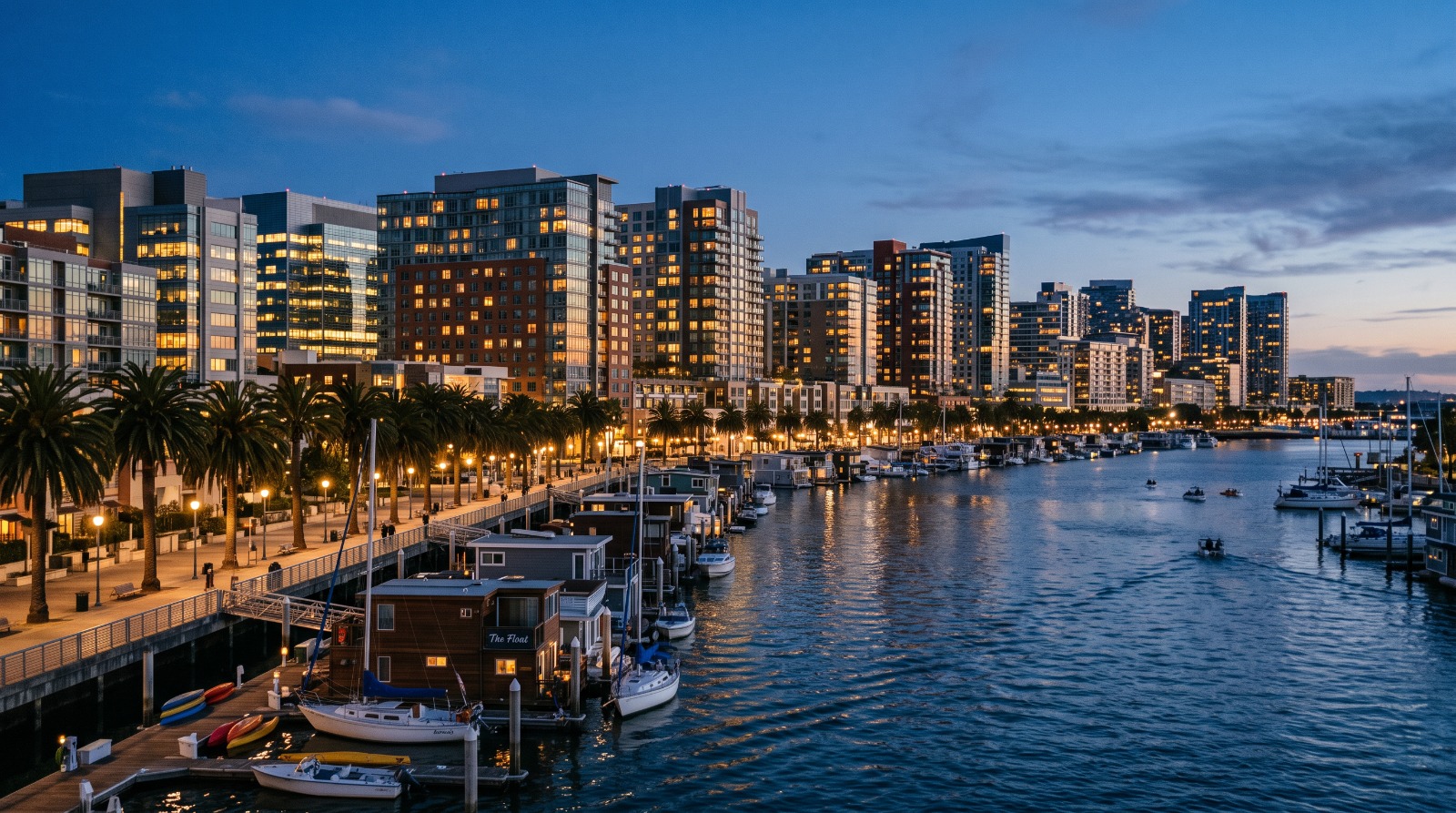 The built-out Mission Bay district of San Francisco at dusk, seen across Mission Creek with residential and biotech towers lining the waterfront