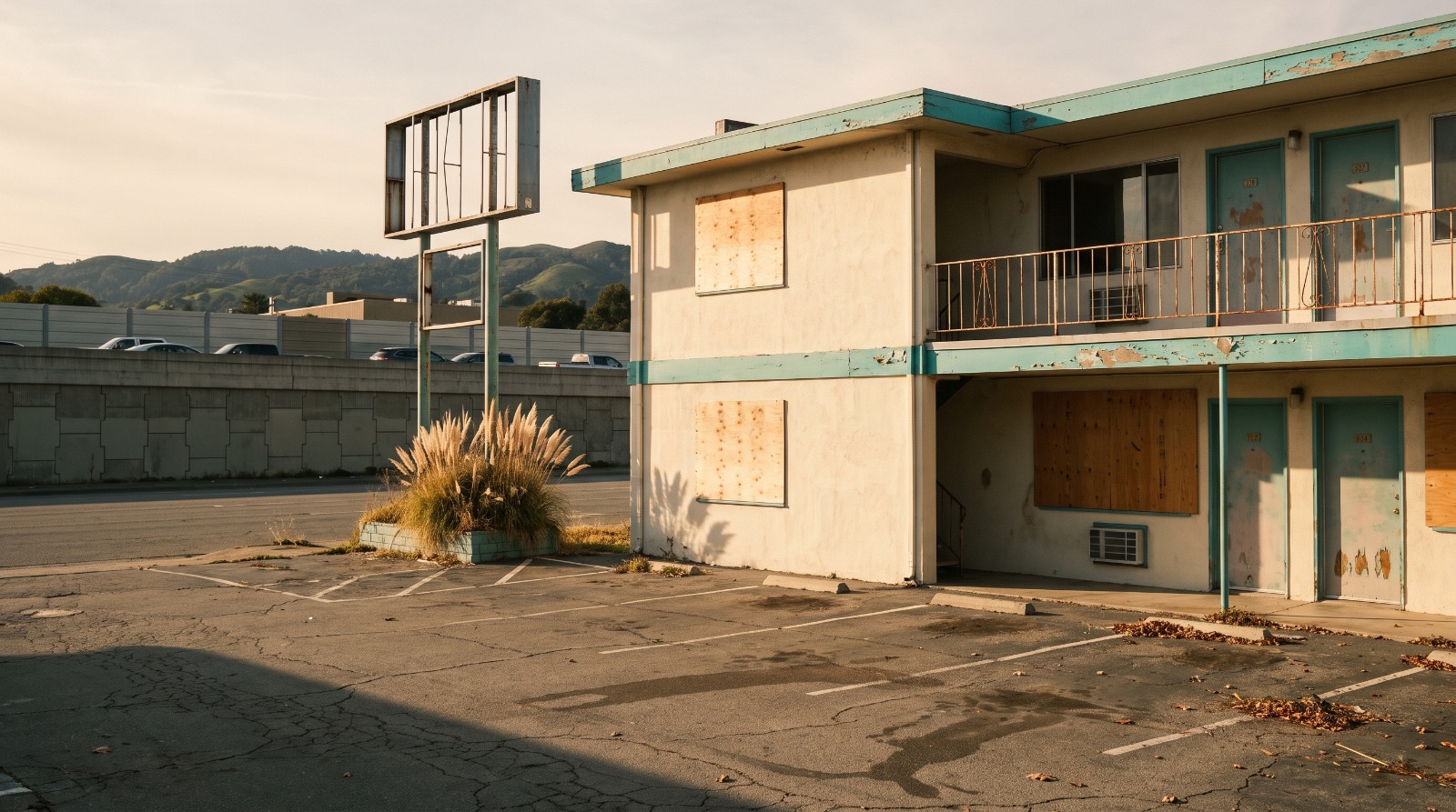 A shuttered mid-century roadside motel beside a freeway in San Mateo, the kind of site now being redeveloped into housing like the 278 homes proposed at the Hillsdale Inn.