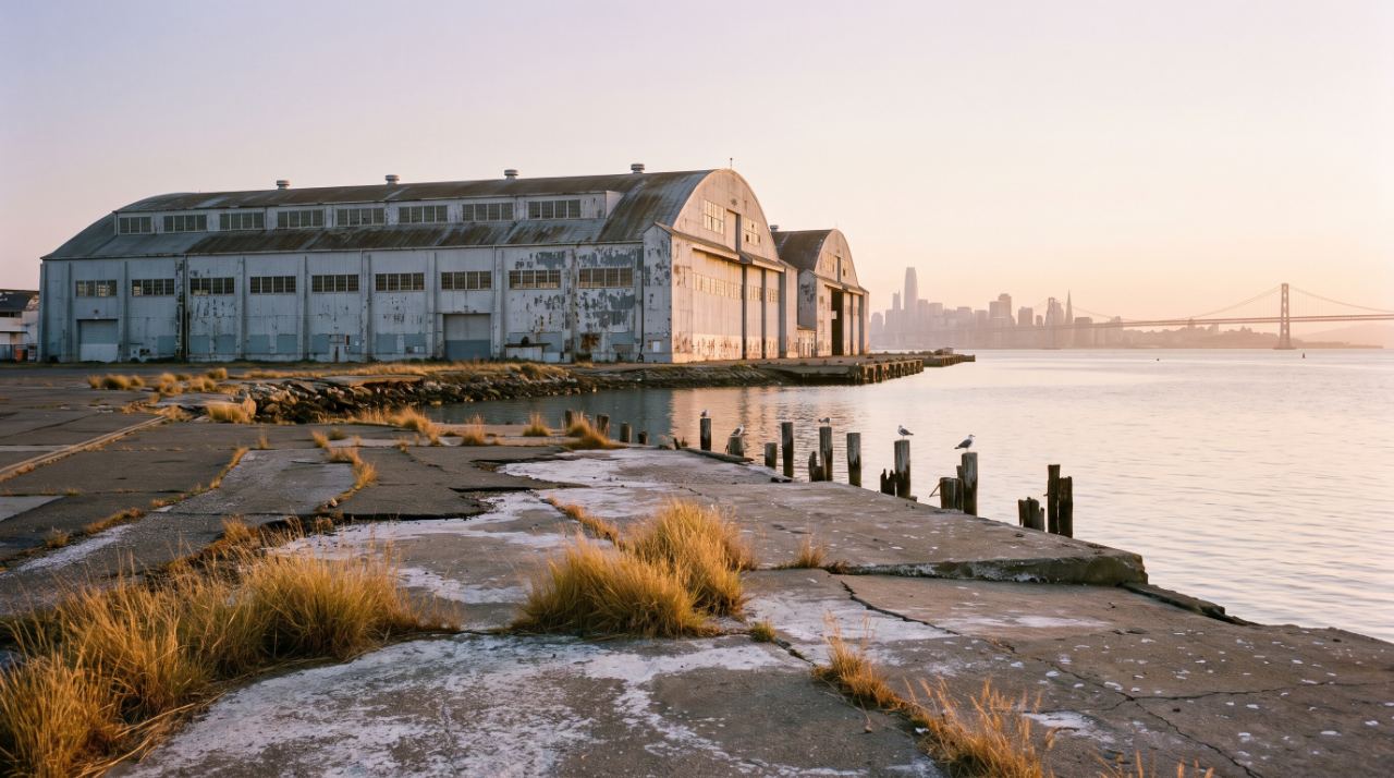 Seaplane Lagoon and the old Navy hangars at Alameda Point, where 2,300 Alameda Point homes are planned, with San Francisco across the bay