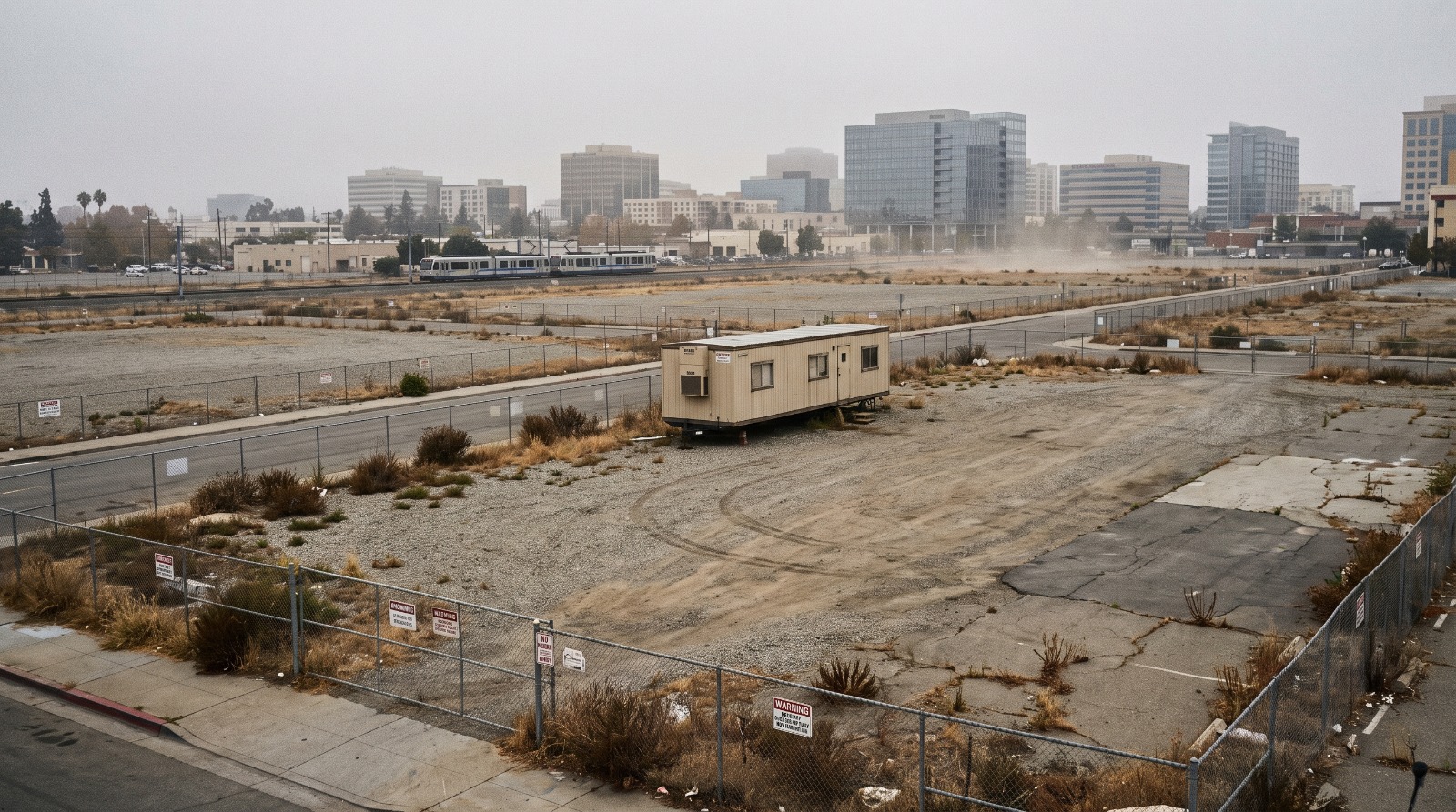 Cleared, fenced vacant lots in the Diridon Station area of downtown San Jose, where approved housing has not yet been built.
