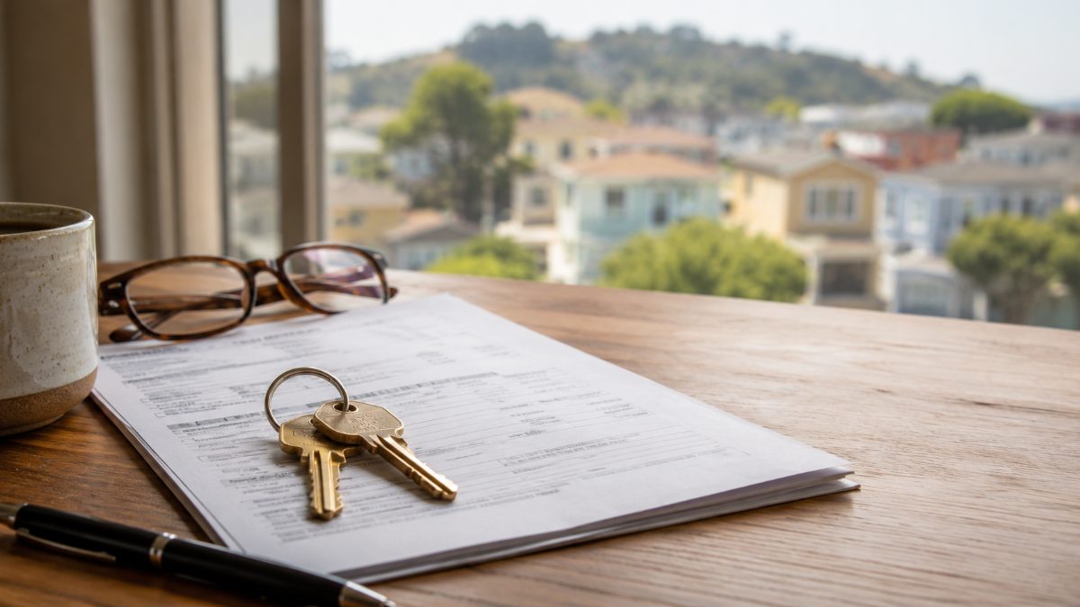 A home seller's settlement statement and house keys on a table, illustrating Bay Area transfer tax costs.
