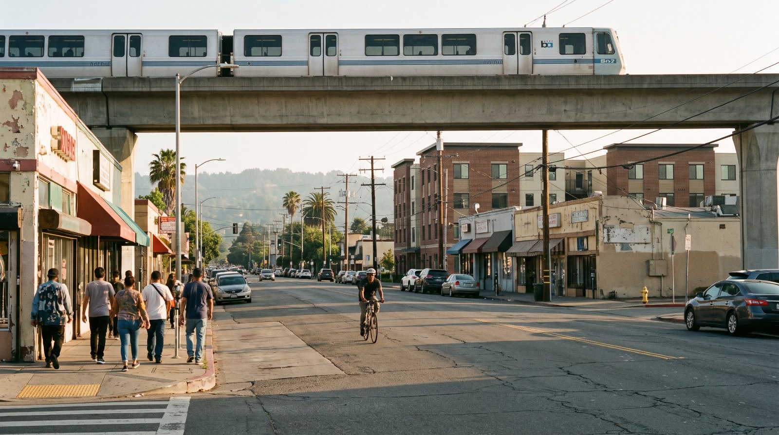 An elevated BART train crossing a walkable East Oakland commercial street, where the average rent in Oakland stays far below San Francisco's.