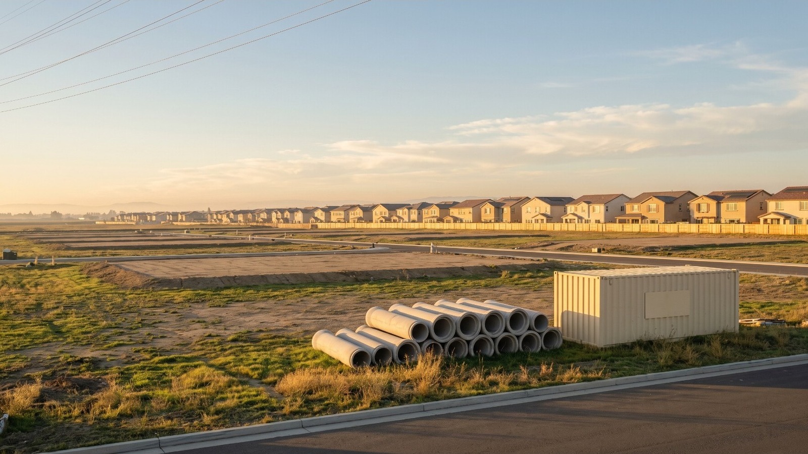 Golden-hour view east from Vanden Road across the unfinished Villages at Vanden Unit 5 lots in Vacaville, with new homes behind (AI-rendered from a real street view)