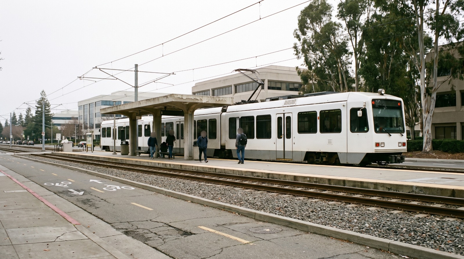 VTA light rail train stopped at an open-air platform on Java Drive in the Moffett Park district of Sunnyvale